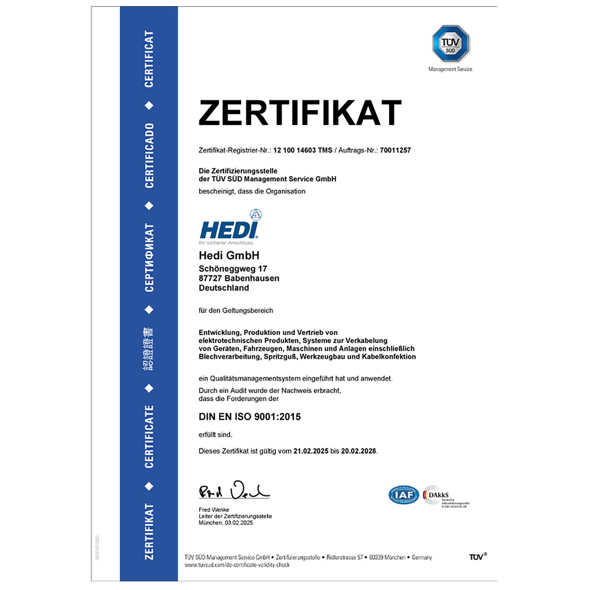 HEDI ISO Zertifikat